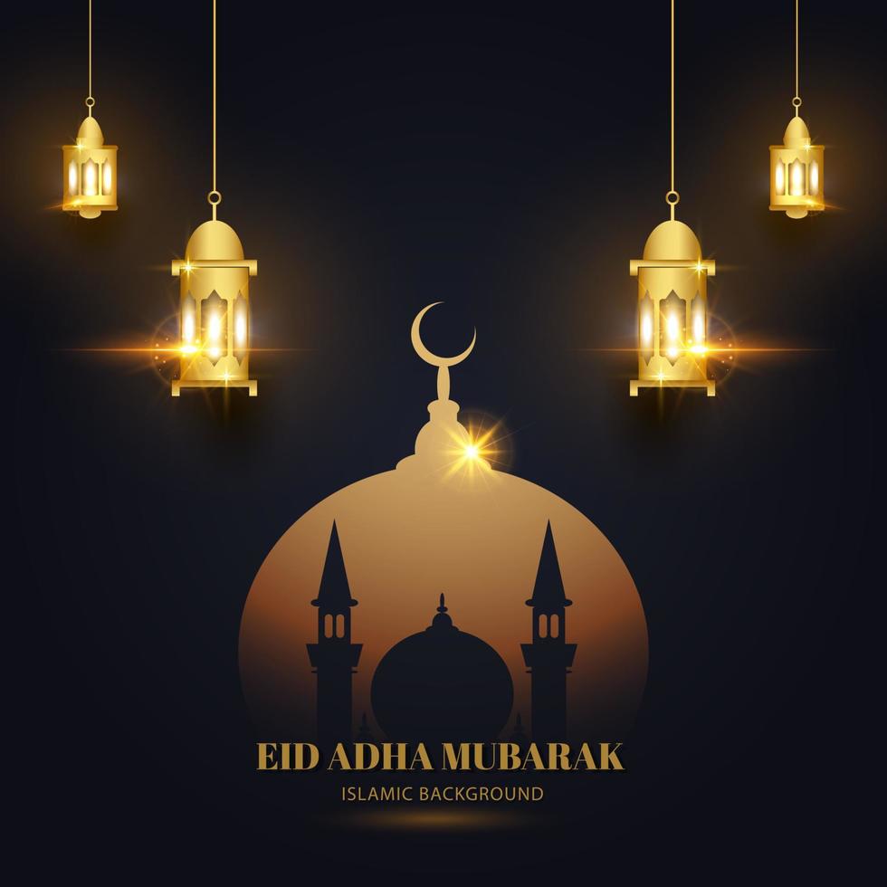 Eid adha mubarak background black gold with mosque and lantern islamic design vector
