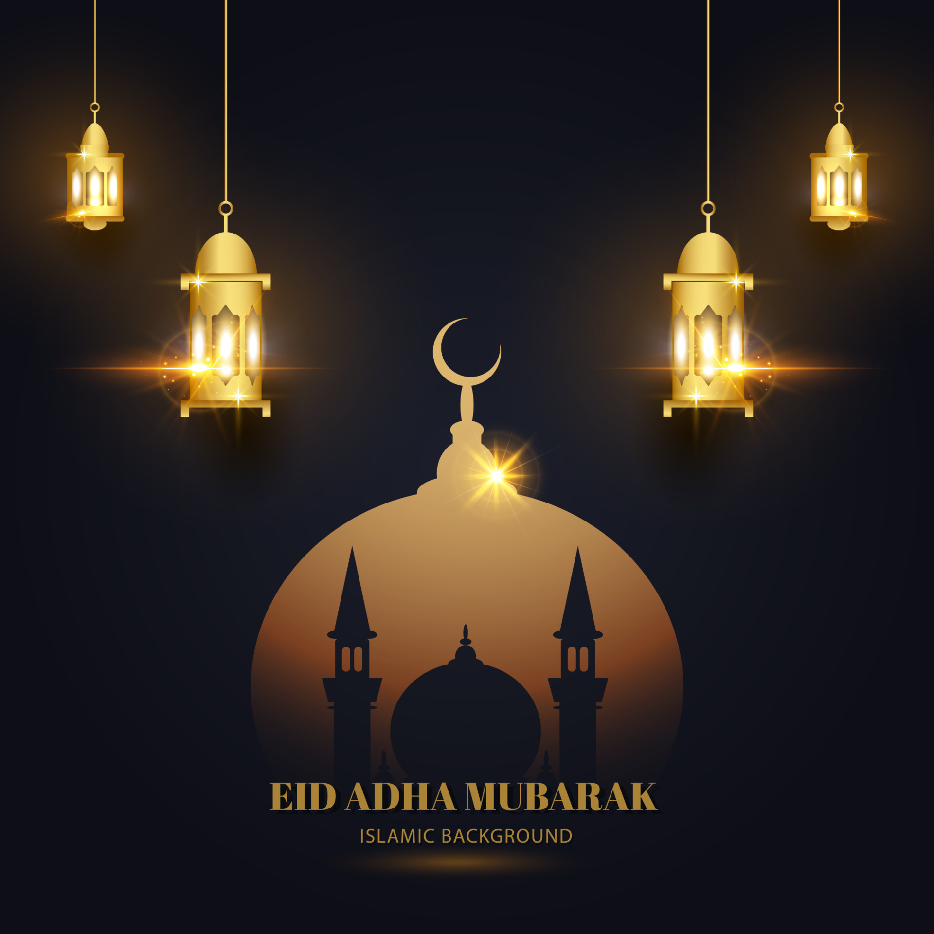 Eid adha mubarak background black gold with mosque and lantern islamic
