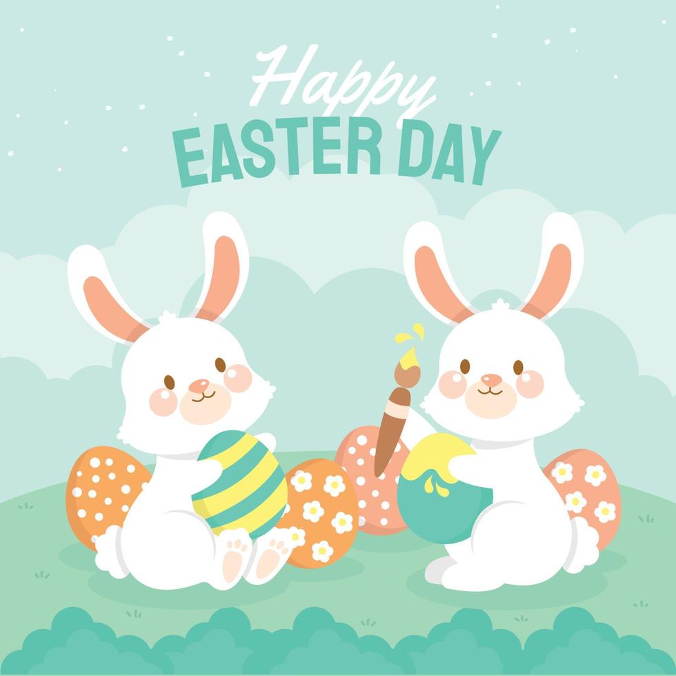 Fluffy Chubby Rabbit Painting Easter Eggs vector