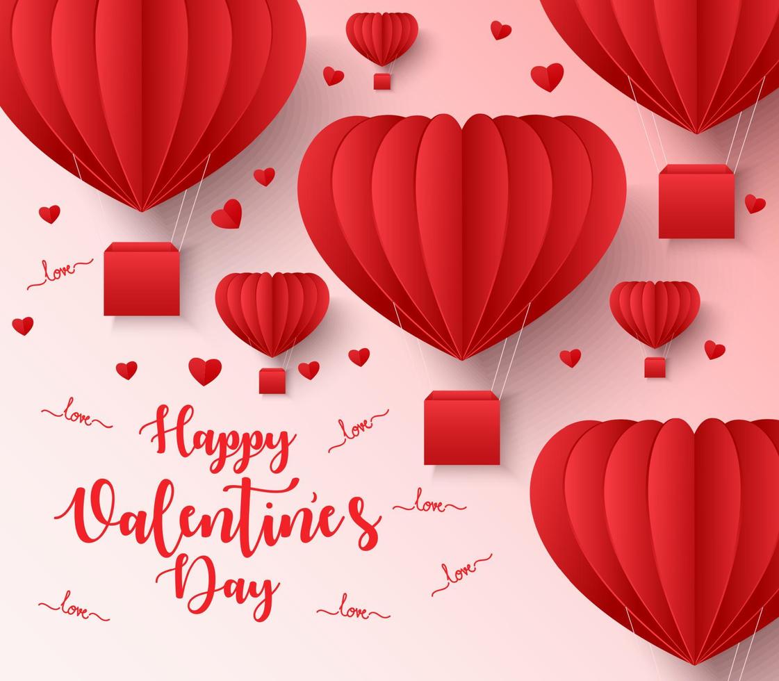 Happy valentines day greetings card design with paper cut heart shape flying balloon vector