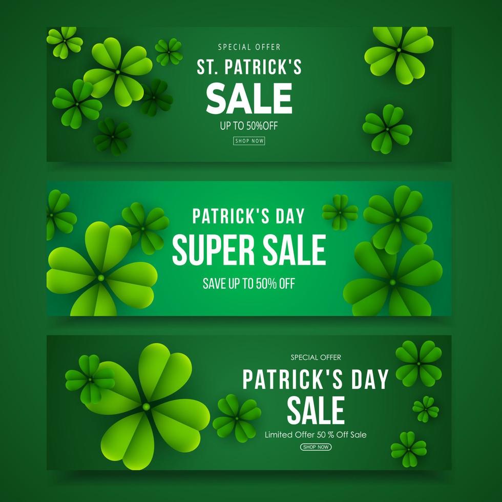 St. Patrick's Day sale horizontal banner set with clover leaves vector