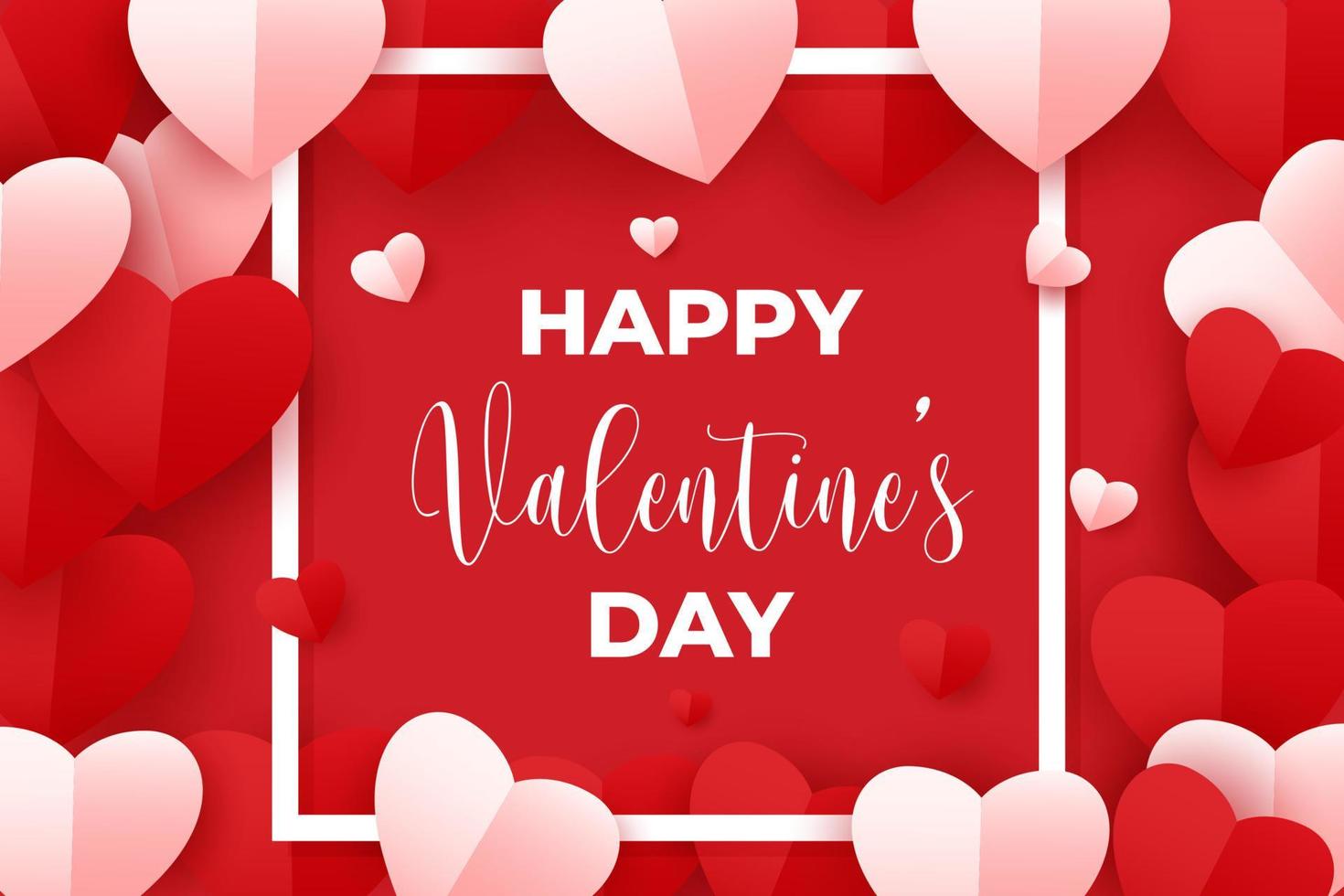 tarjeta de felicitación del día de san valentín feliz. Ilustración vectorial de corazones de papel rojo y rosa con marco cuadrado blanco sobre fondo rojo. vector