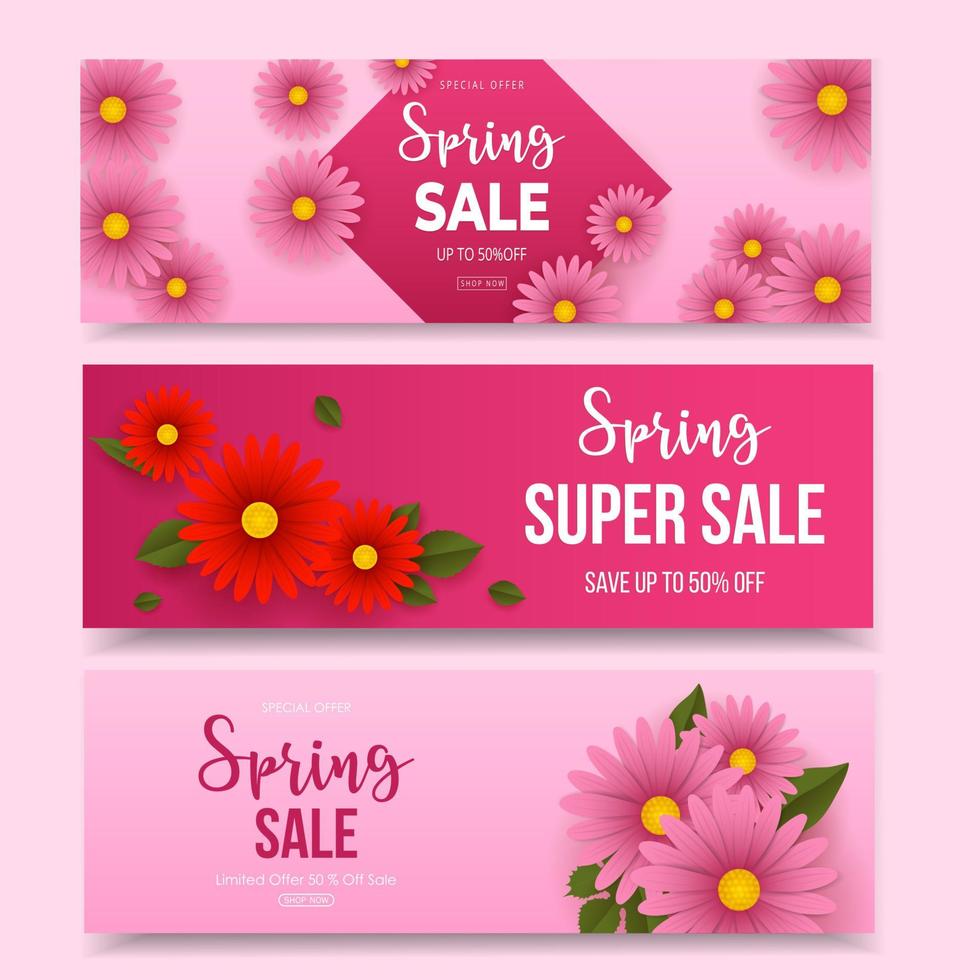 Spring sale horizontal banners set with pink and red flowers vector