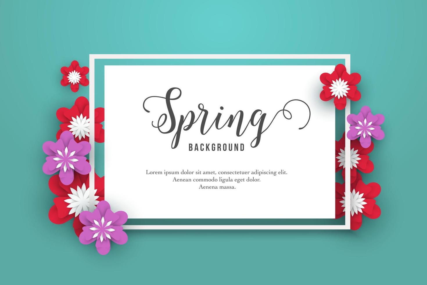 Spring background with red and purple paper flowers on blue background vector