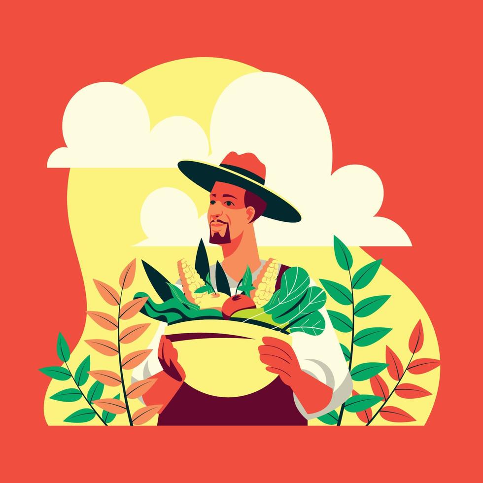 granjero con verduras de su granja. vector