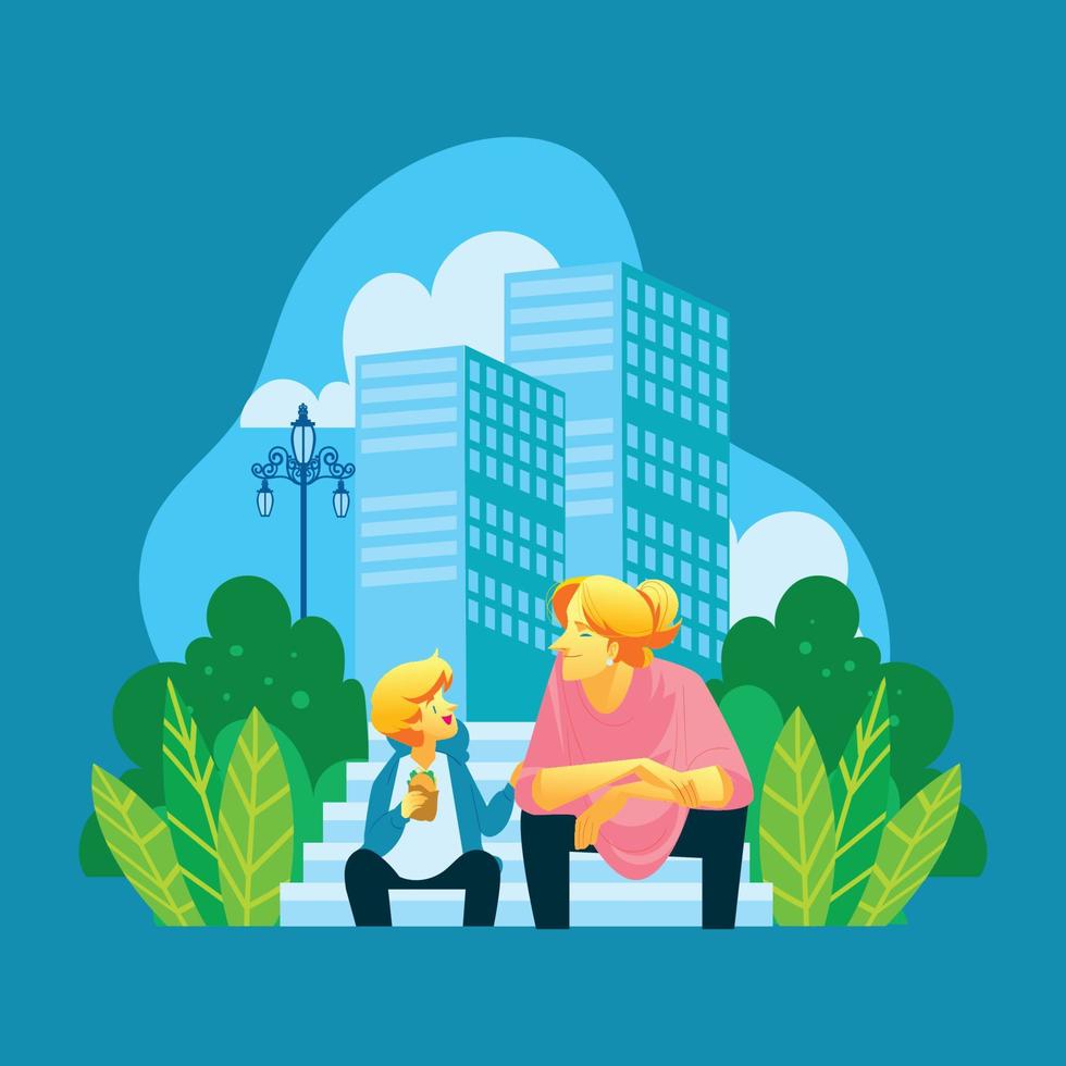 Son Eating a Burger With His Mother in The City Park vector