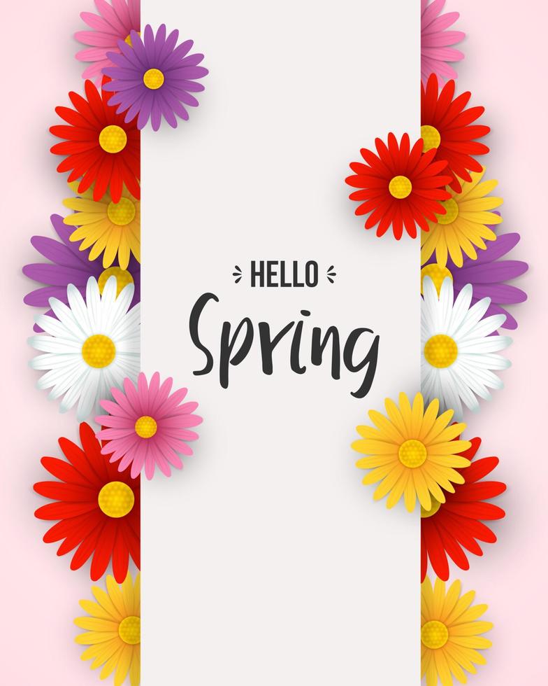 Hello spring background with colorful flowers and white frame vector