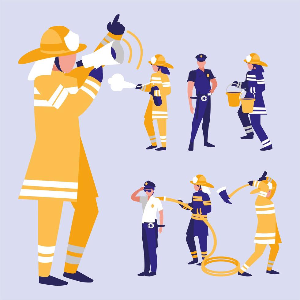 Set of firefighter and policemen vector design