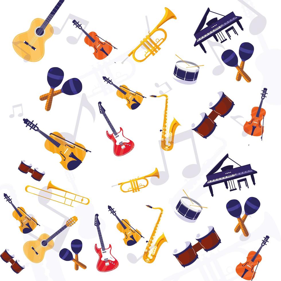 Guitar fiddle cello maracas and saxophone instrument vector design