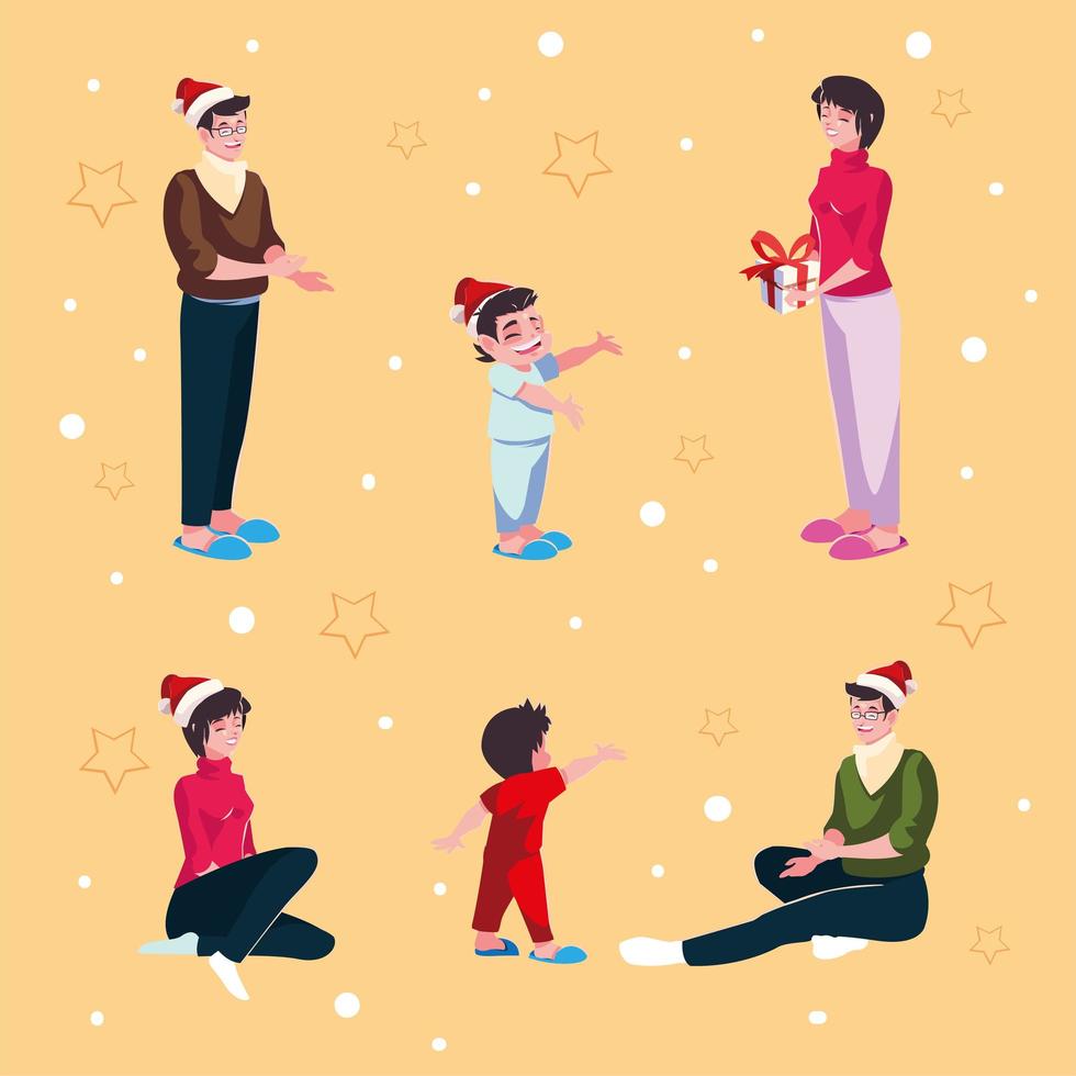 conjunto de iconos de la familia en la noche de navidad vector