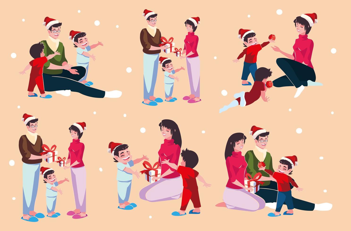 conjunto de iconos de la familia en la noche de navidad vector