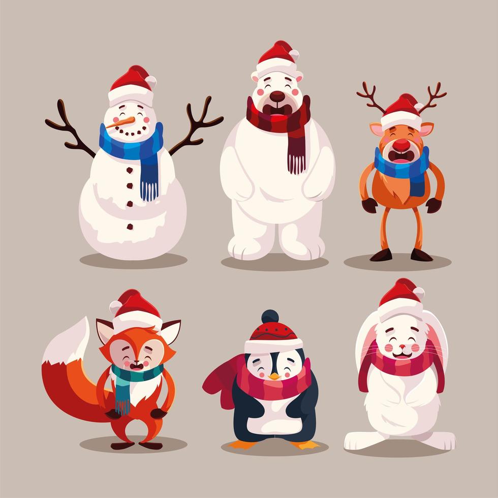 set of animals with christmas hats vector