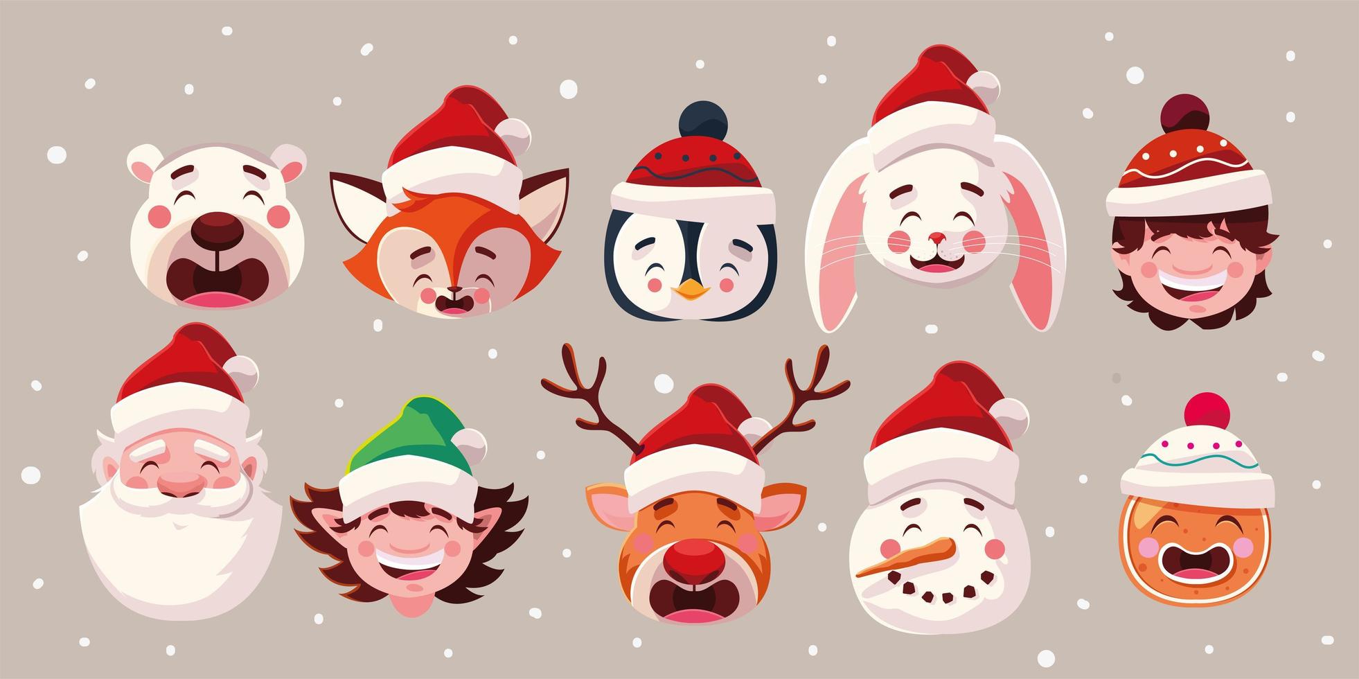 conjunto de iconos de navidad con cabeza de santa claus y animales vector