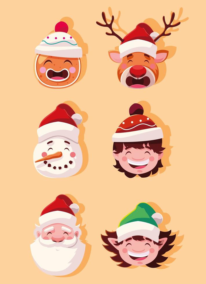 conjunto de iconos de navidad con cabeza de santa claus y animales vector