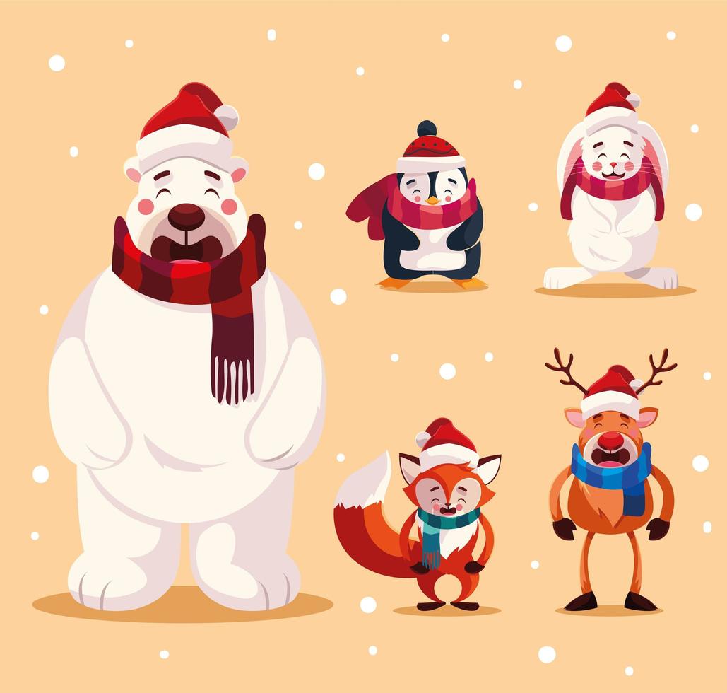 set of animals with christmas hats vector