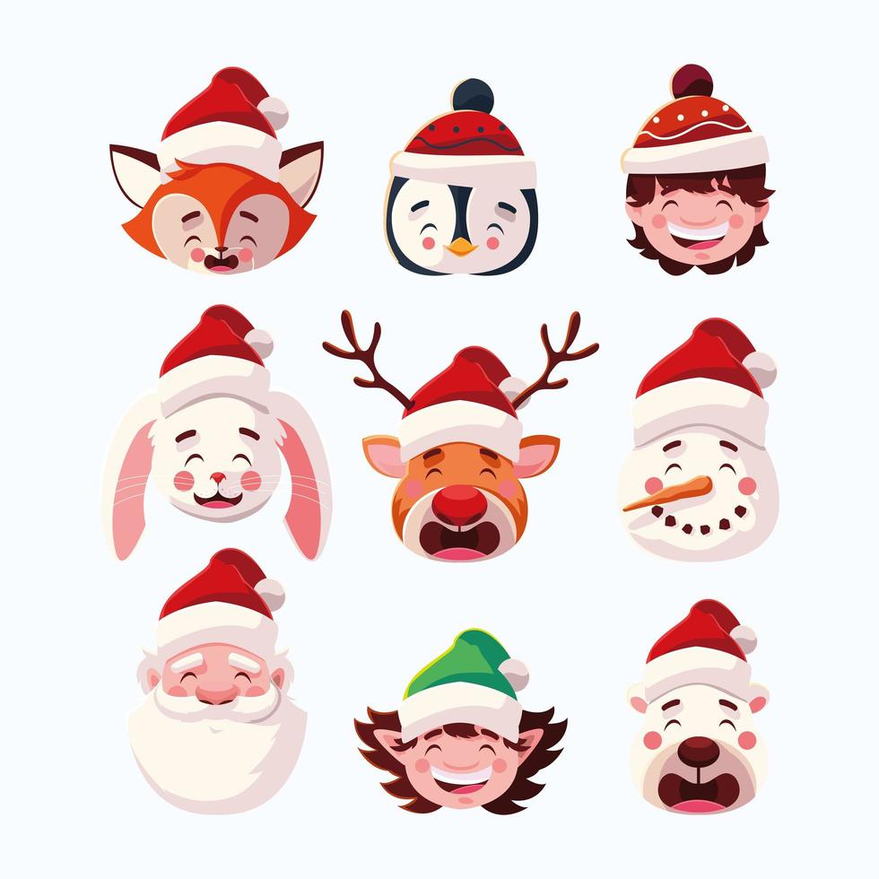 conjunto de iconos de navidad con cabeza de santa claus y animales vector