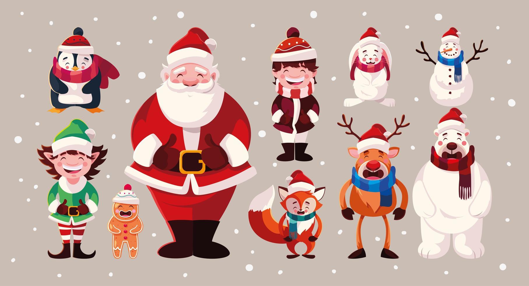 set of icons christmas with santa claus and animals vector