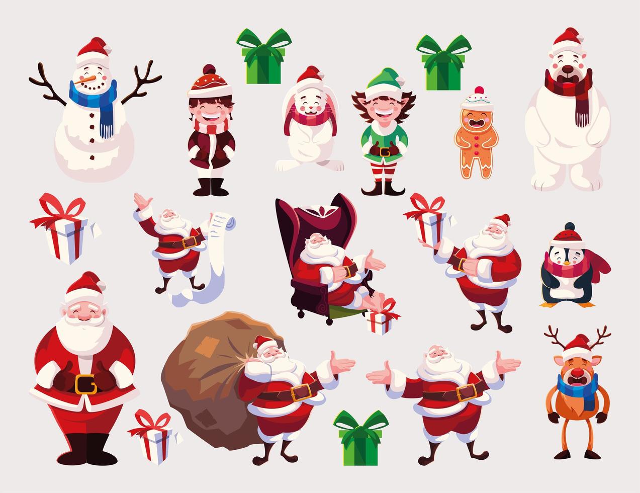 conjunto de iconos de navidad con santa claus y animales vector