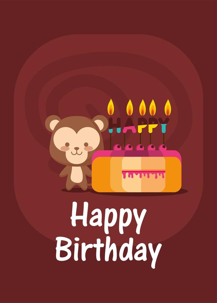 Pastel de dibujos animados de mono y diseño de vector de feliz cumpleaños