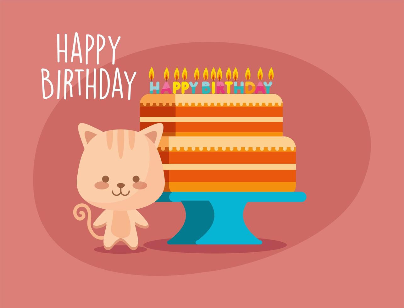 pastel de dibujos animados de gato y diseño de vector de feliz cumpleaños