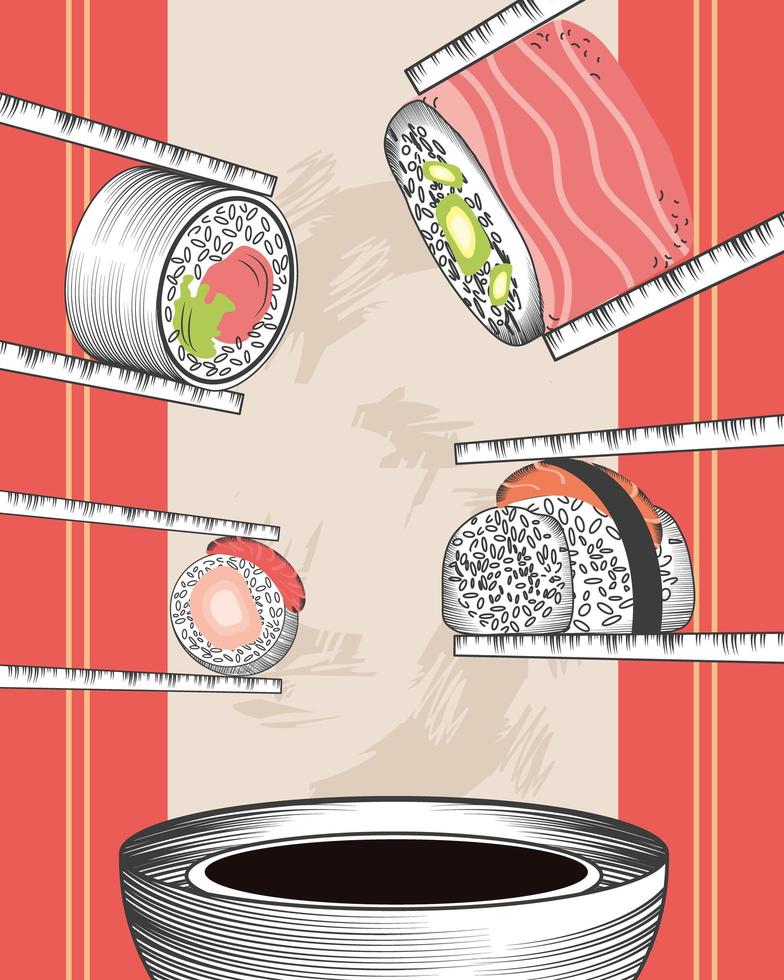 sushi and soy sauce vector