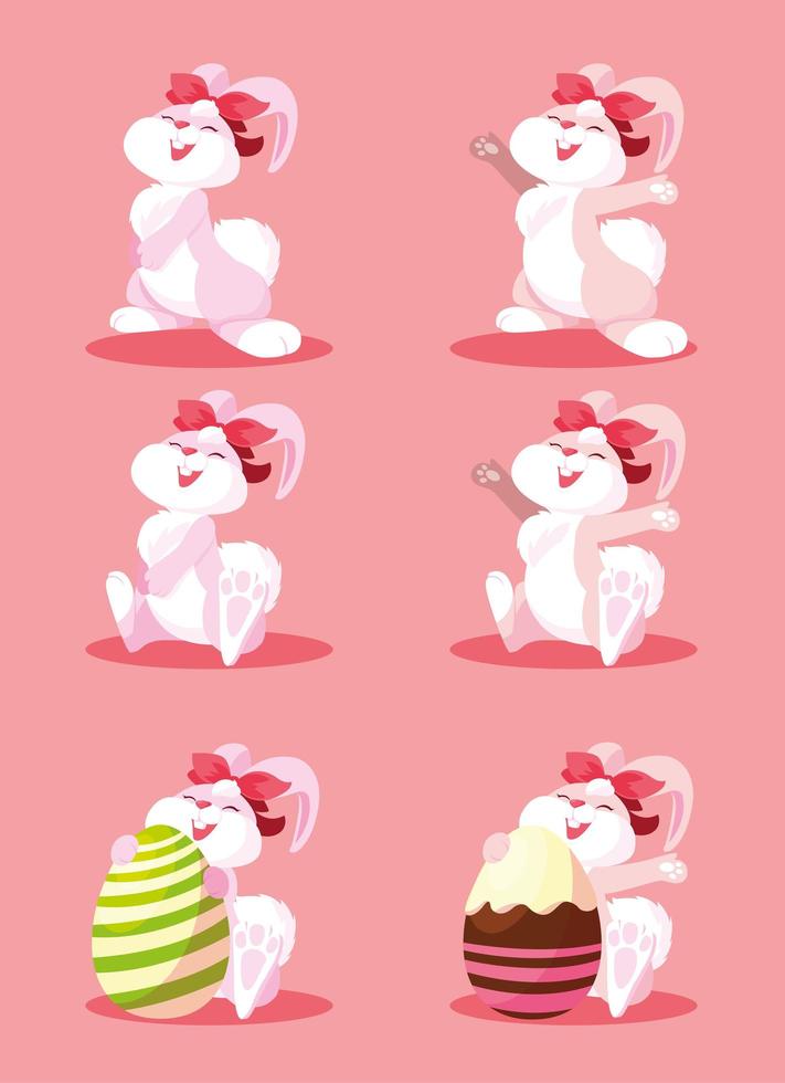 set of bunnies with easter eggs, happy easter vector