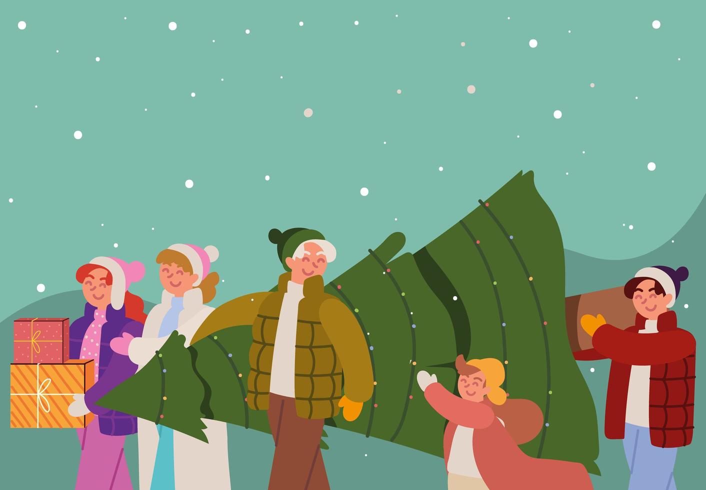 family with christmas tree and gift vector