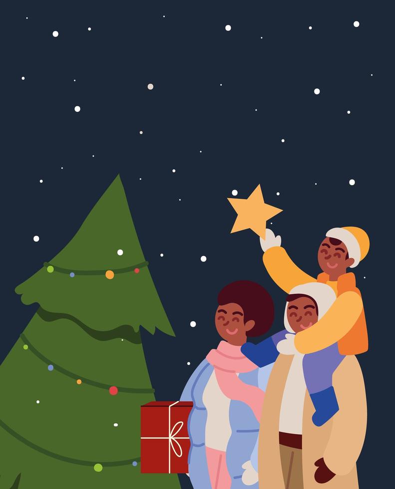 familia y arbol de navidad vector