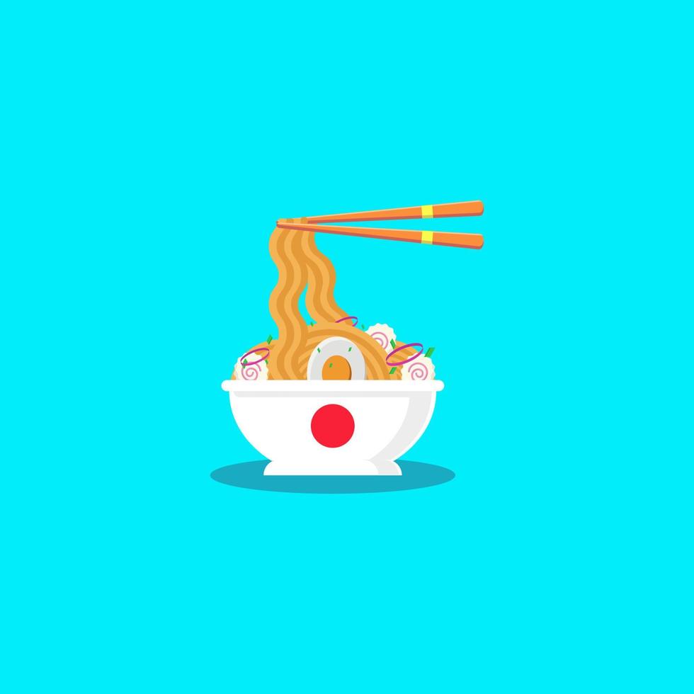 Ilustración de ramen de fideos con huevo, narutomaki, puerro y cebolla. Ilustración de diseño plano de ramen, vector de ramen, vector de alimentos de Japón, ilustración de ramen aislado