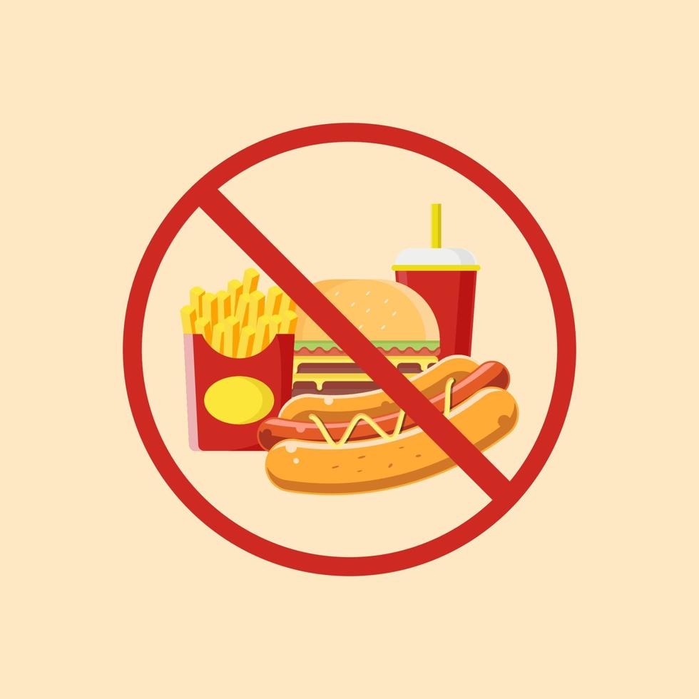 símbolo de prohibición de comer comida chatarra para vivir más sano. Ilustración de comida chatarra con símbolo de prohibición vector