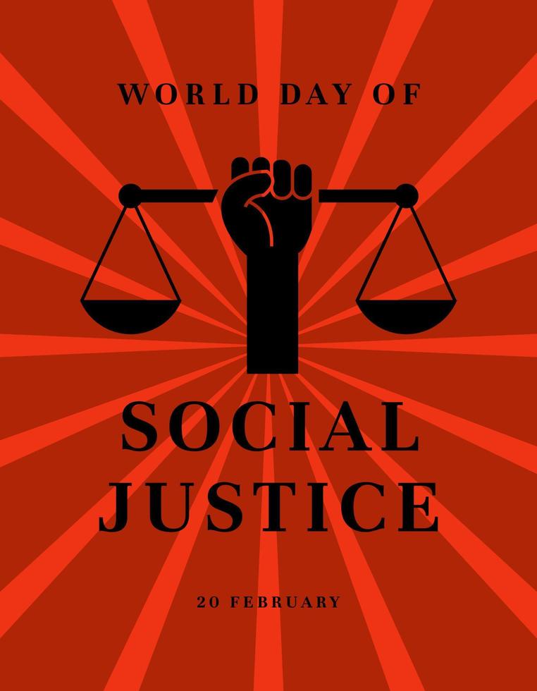 world day of social justice banner vector illustration with handhold up scales of justice on a red background