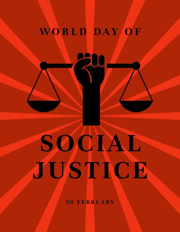 Ilustración de vector de banner del día mundial de la justicia social con escalas de la justicia sobre un fondo rojo