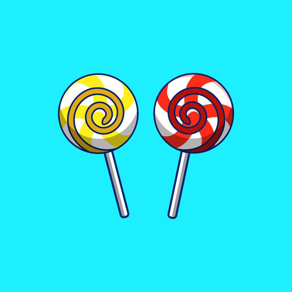 Ilustración de dos caramelos de piruleta sobre fondo azul, ilustración de vector de piruleta, caramelo de piruleta aislado