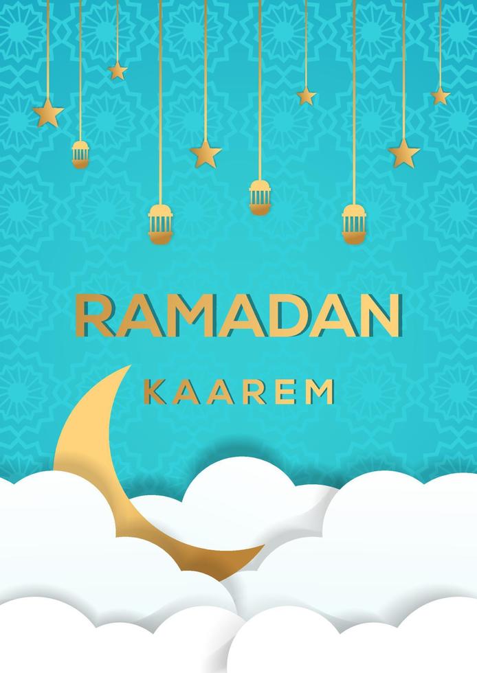 ramadan kareem background illustration with paper cut style, with ornament cloud, star and lampion vector