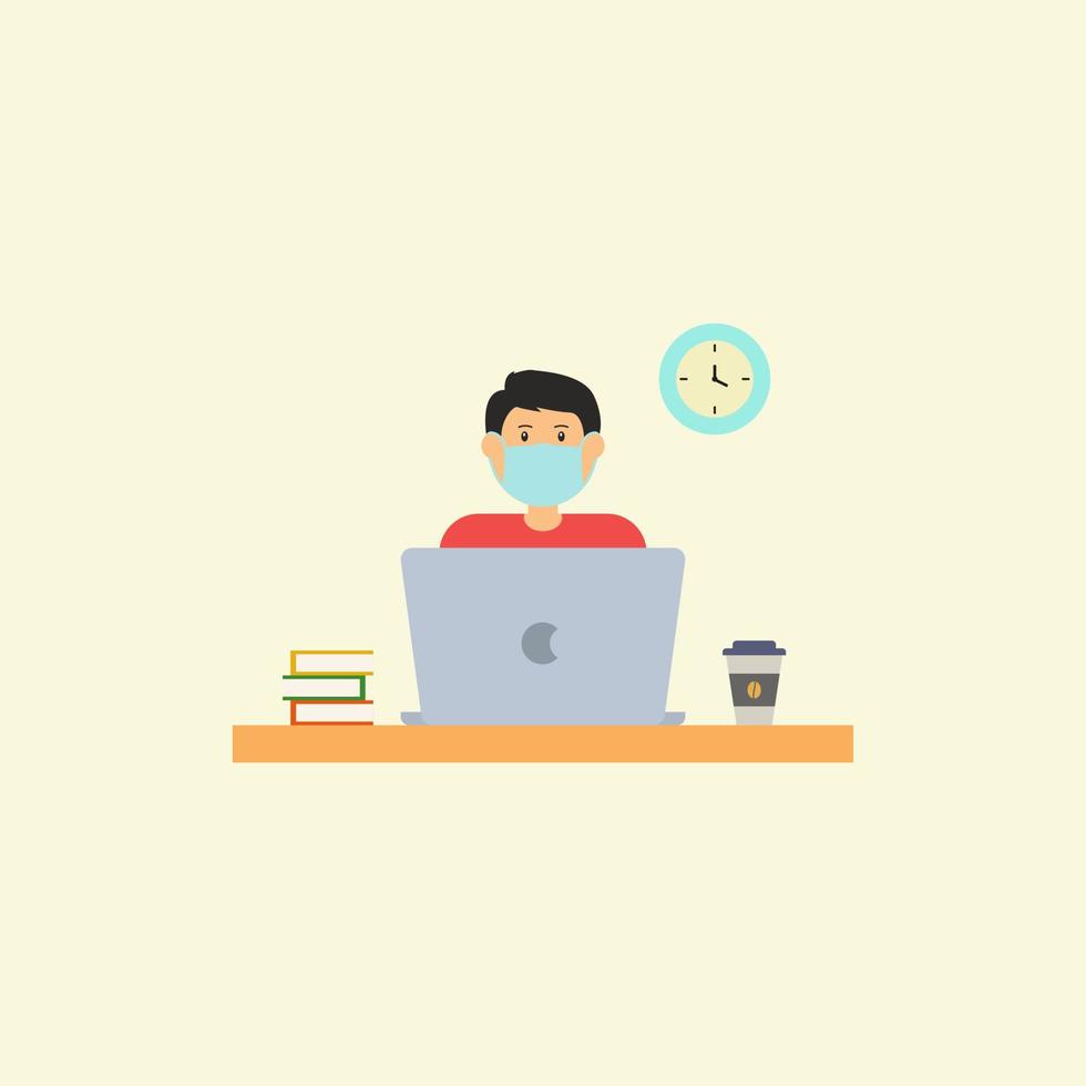 work in a cafe with a face mask according to protocol health, work from home, pandemic still work, isolated people work flat design style, people work illustration vector