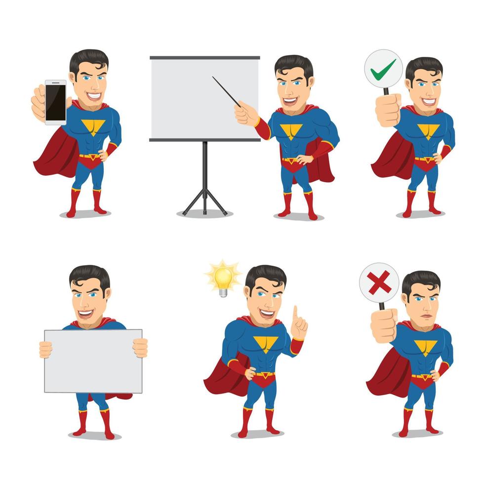 Set of Superhero Character Holding Smartphone, Pointing Whiteboard for Presentation vector