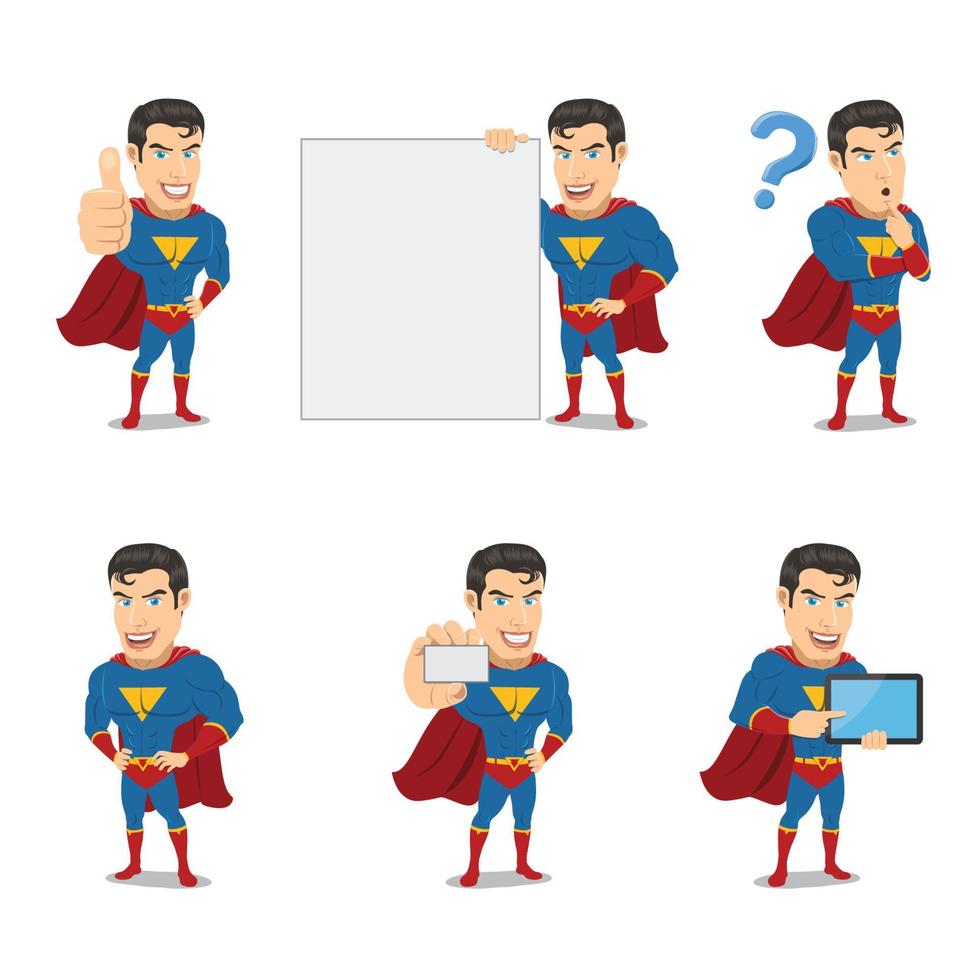 Set of superhero character in 6 different poses with copy space whiteboard vector