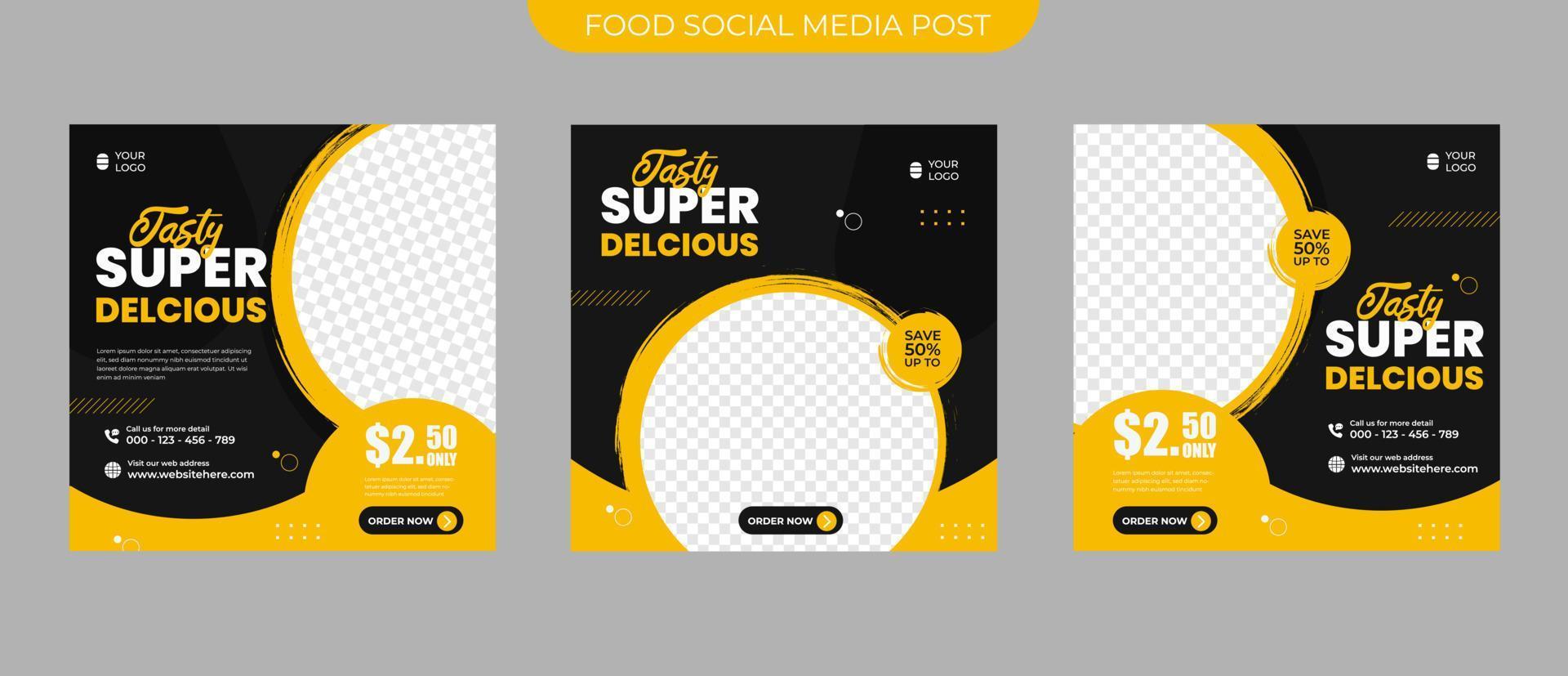 Promoción de restaurante de menú de comida deliciosa sabrosa para un conjunto de plantilla de vector cuadrado editable de publicación de banner de publicación de redes sociales