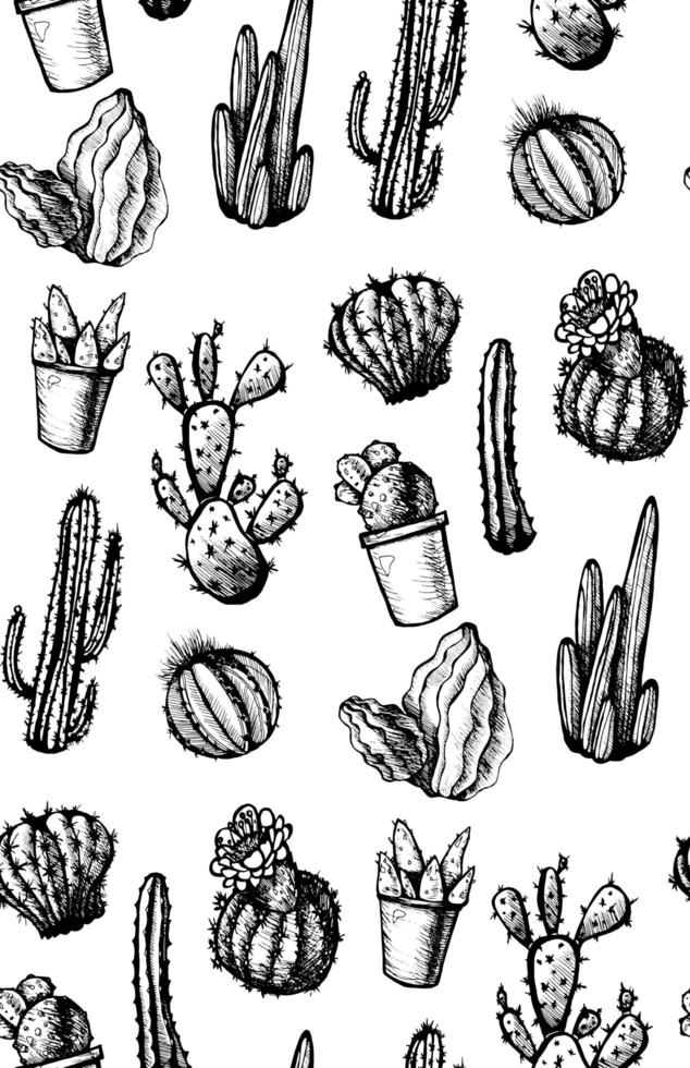 Hand Drawn Isolated Cactuses Seamless Pattern vector