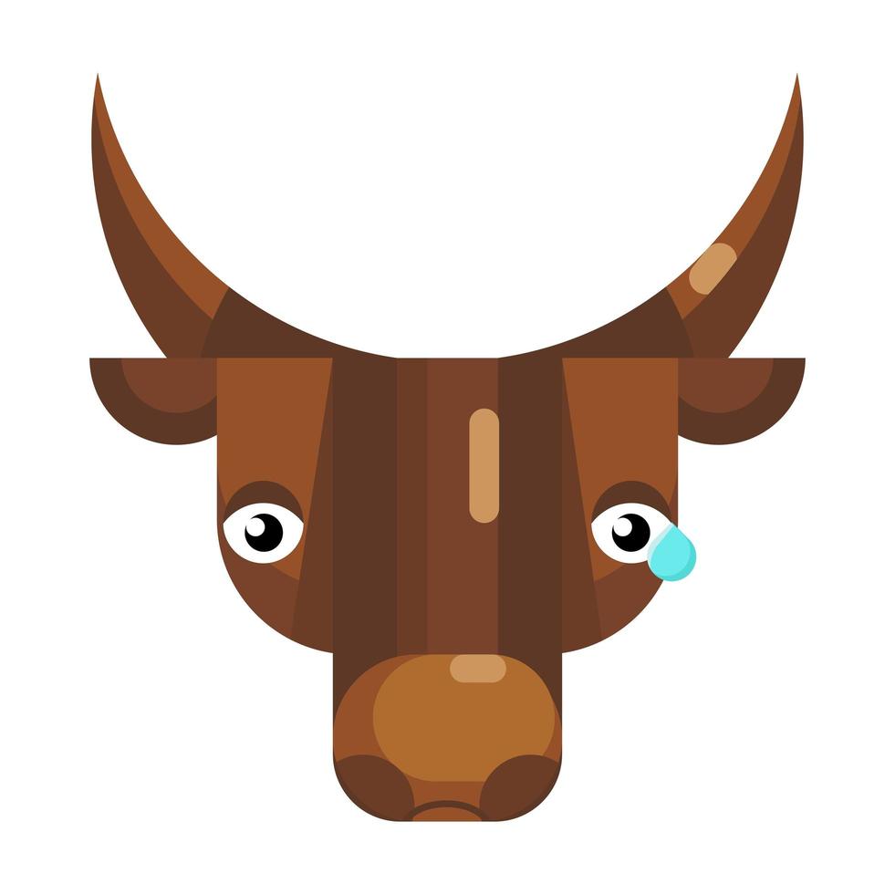 Molesto cara de toro emoji, vaca triste con icono de lágrima signo de emoción aislada vector