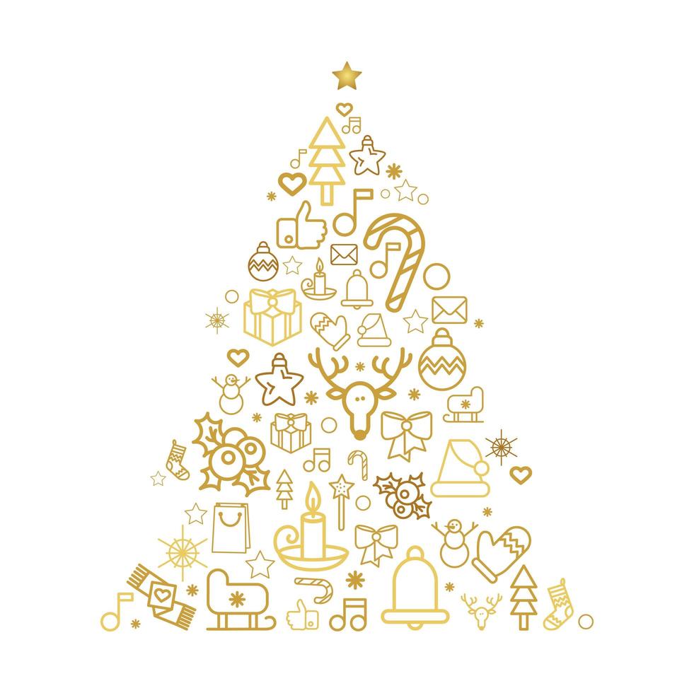 Christmas tree silhouette with holiday linear icons vector