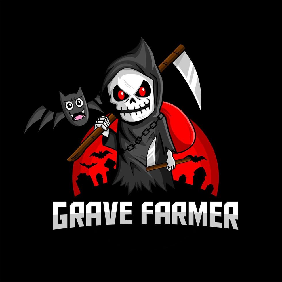 reaper Skull grave guardian and bat on the graveyard illustration vector