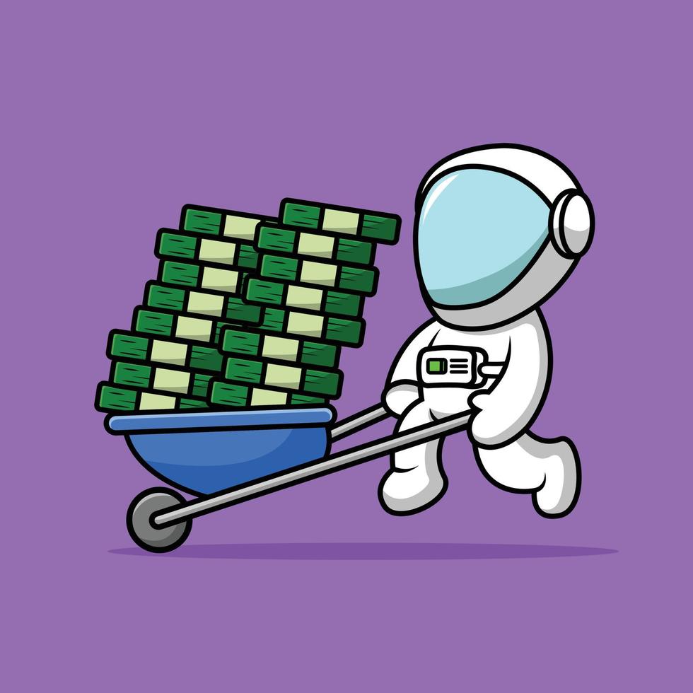 lindo astronauta empujando carro dinero dibujos animados vector icono ilustración. concepto de icono de finanzas de ciencia aislado vector premium. estilo de dibujos animados plana