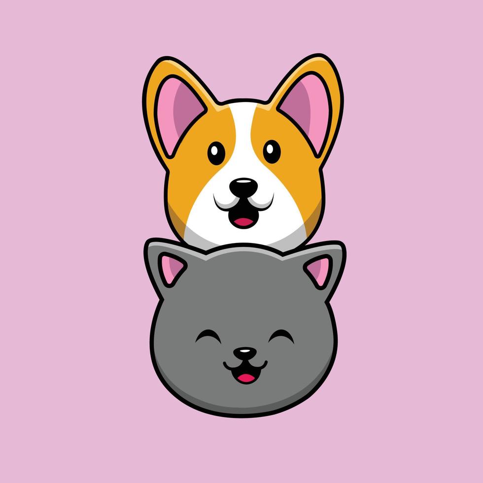 Ejemplo lindo del icono del vector de la historieta del perro del gato y del corgi. concepto de icono de animal aislado vector premium. estilo de dibujos animados plana