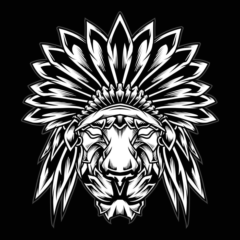 Black and White Lion Indian Chief Head Logo Illustration vector