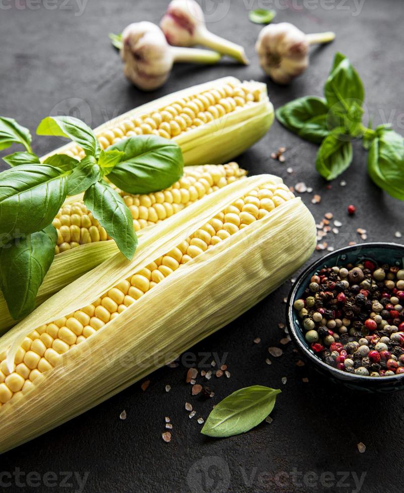 Ripe corn cob on black background with spices photo