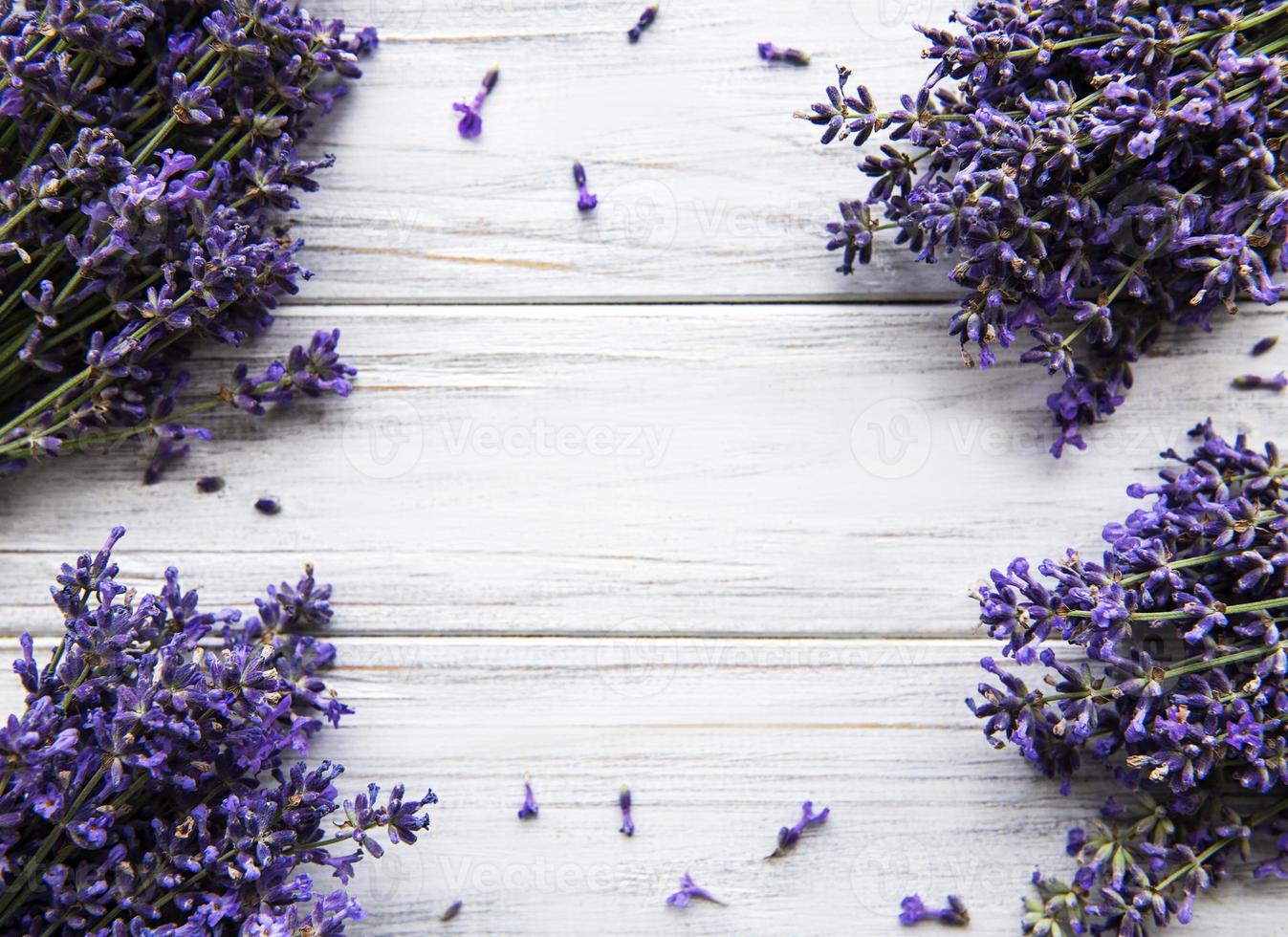 Fresh flowers of lavender bouquet, top view on white wooden background photo