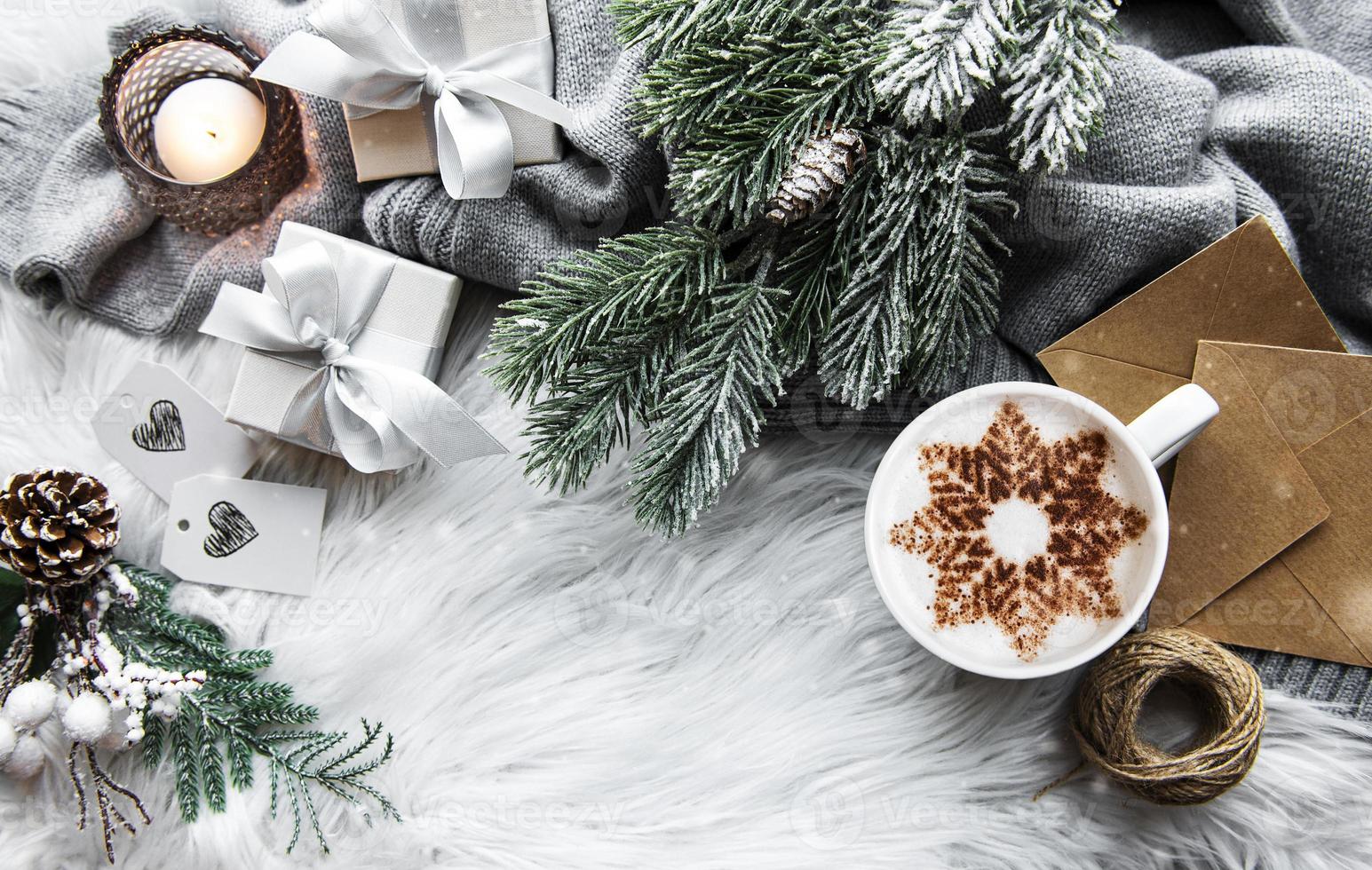 Christmas or winter composition. Coffee and decorations. photo