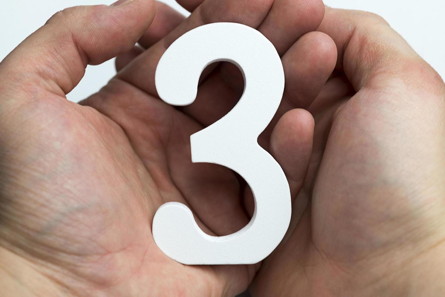 Hands on a white background holding number 3 photo