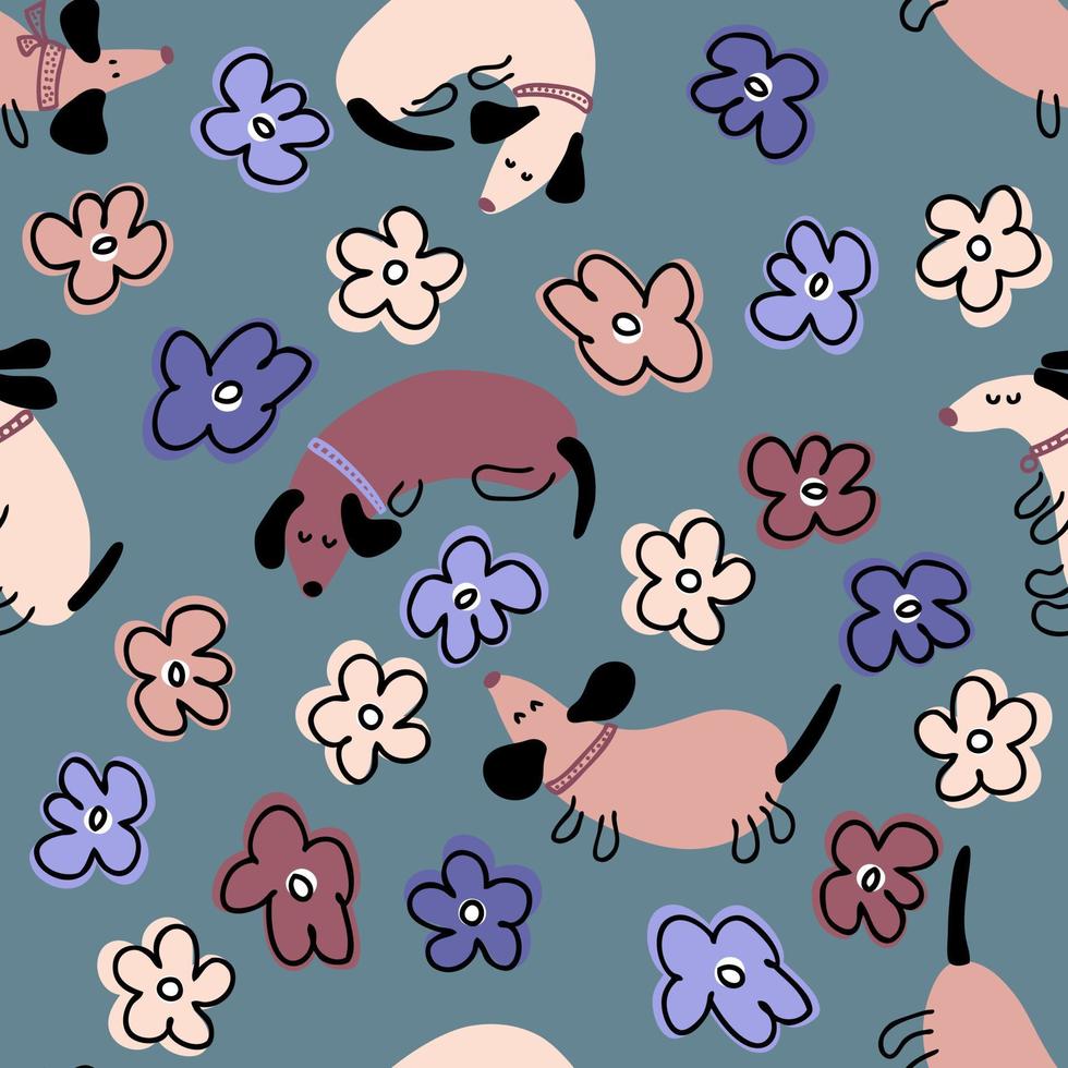 Hand drawn seamless pattern with dachshunds and flowers. vector